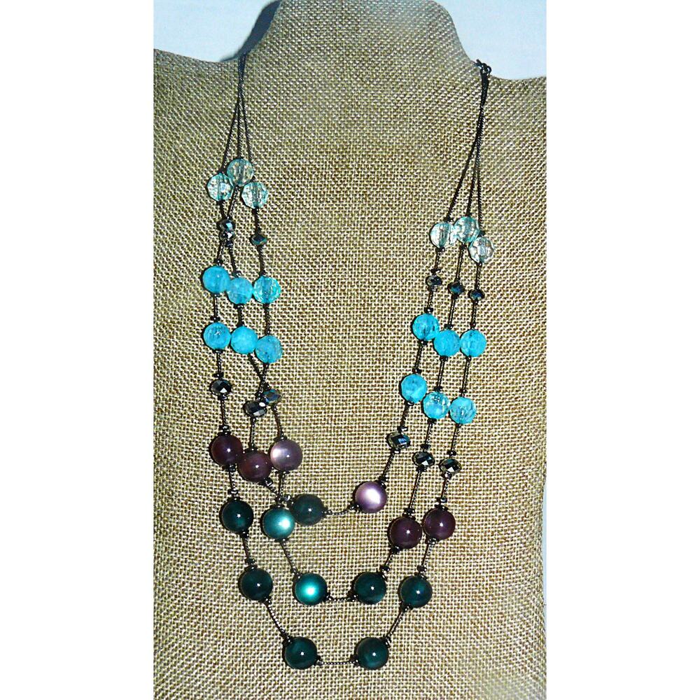 Chicos Layered Silver Tone Necklace Blue Black Beads 3-Strand Necklace Signed C